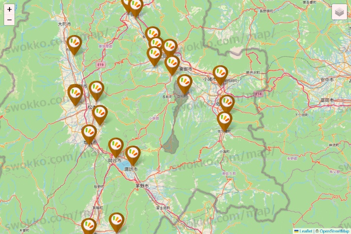 長野県のワッツ系列（ワッツ、ワッツウィズ、シルク、ミーツ、フレッツ、百圓領事館）の店舗地図