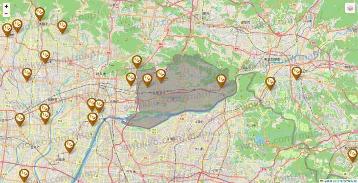 岐阜県のワッツ系列（ワッツ、ワッツウィズ、シルク、ミーツ、フレッツ、百圓領事館）の店舗地図