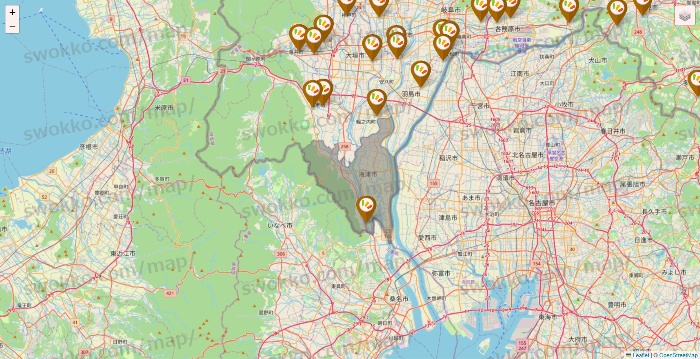 岐阜県のワッツ系列（ワッツ、ワッツウィズ、シルク、ミーツ、フレッツ、百圓領事館）の店舗地図