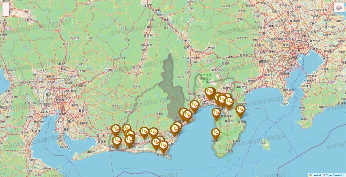 静岡県のワッツ系列（ワッツ、ワッツウィズ、シルク、ミーツ、フレッツ、百圓領事館）の店舗地図