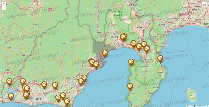 静岡県のワッツ系列（ワッツ、ワッツウィズ、シルク、ミーツ、フレッツ、百圓領事館）の店舗地図