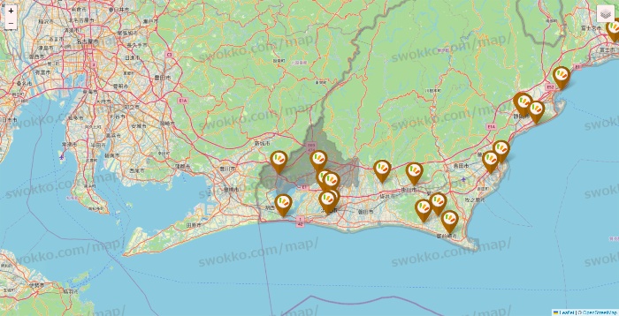 静岡県のワッツ系列（ワッツ、ワッツウィズ、シルク、ミーツ、フレッツ、百圓領事館）の店舗地図