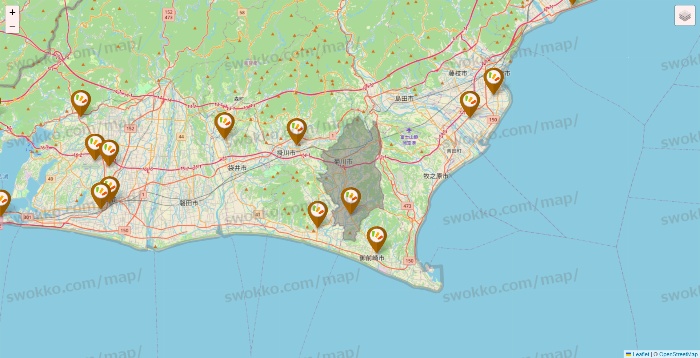 静岡県のワッツ系列（ワッツ、ワッツウィズ、シルク、ミーツ、フレッツ、百圓領事館）の店舗地図