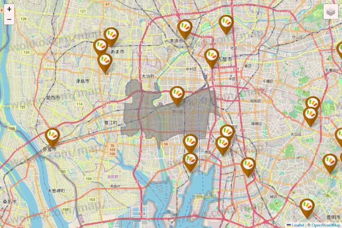 愛知県のワッツ系列（ワッツ、ワッツウィズ、シルク、ミーツ、フレッツ、百圓領事館）の店舗地図