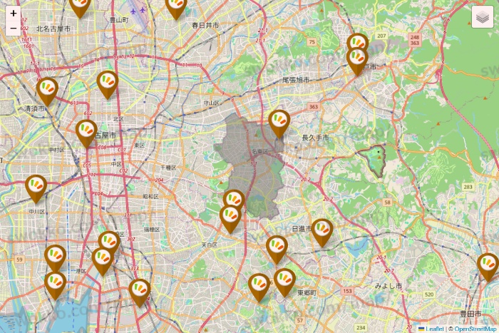 愛知県のワッツ系列（ワッツ、ワッツウィズ、シルク、ミーツ、フレッツ、百圓領事館）の店舗地図