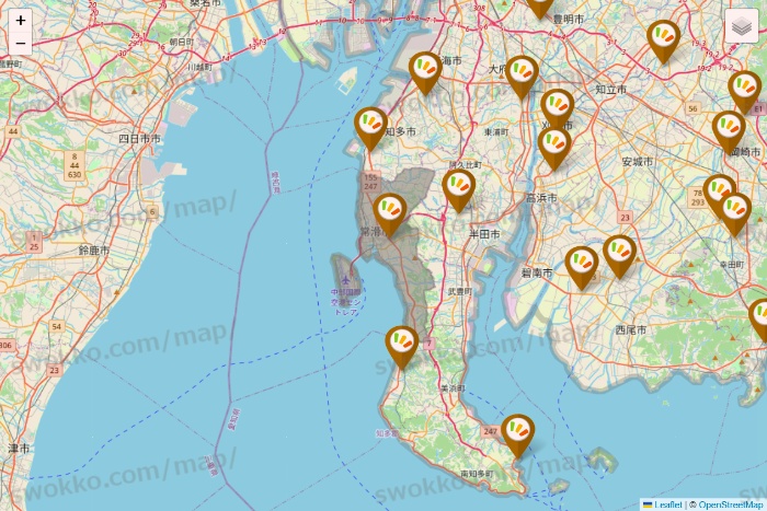 愛知県のワッツ系列（ワッツ、ワッツウィズ、シルク、ミーツ、フレッツ、百圓領事館）の店舗地図