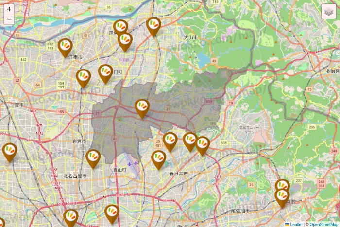 愛知県のワッツ系列（ワッツ、ワッツウィズ、シルク、ミーツ、フレッツ、百圓領事館）の店舗地図