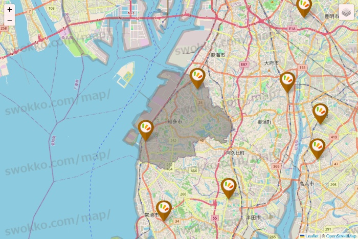 愛知県のワッツ系列（ワッツ、ワッツウィズ、シルク、ミーツ、フレッツ、百圓領事館）の店舗地図