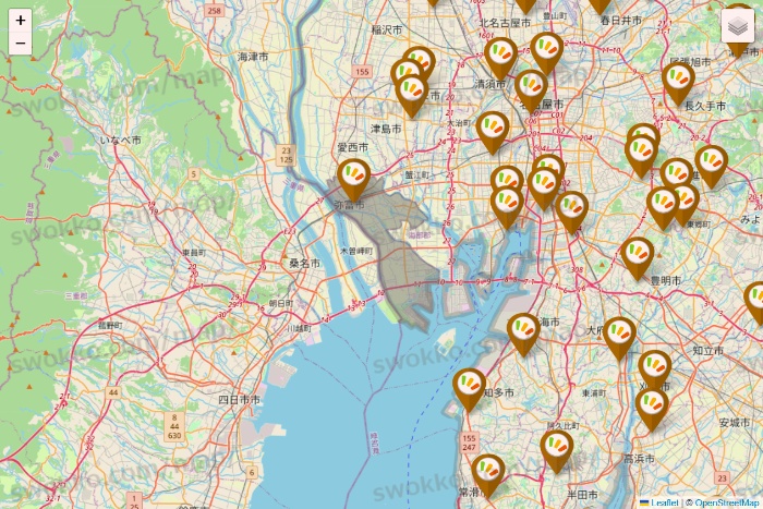 愛知県のワッツ系列（ワッツ、ワッツウィズ、シルク、ミーツ、フレッツ、百圓領事館）の店舗地図