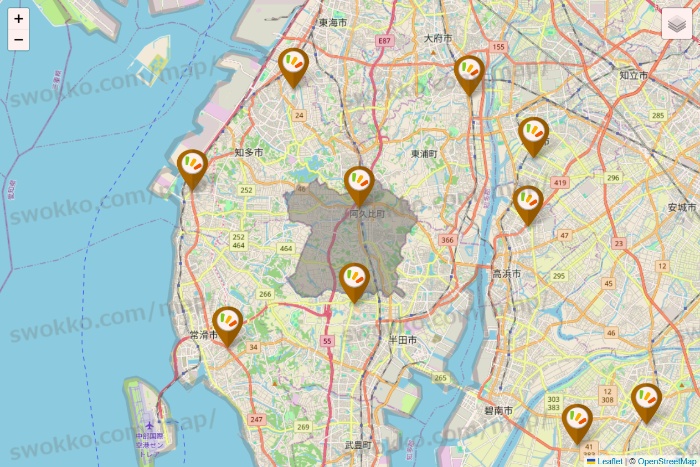 愛知県のワッツ系列（ワッツ、ワッツウィズ、シルク、ミーツ、フレッツ、百圓領事館）の店舗地図