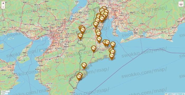 三重県のワッツ系列（ワッツ、ワッツウィズ、シルク、ミーツ、フレッツ、百圓領事館）の店舗地図