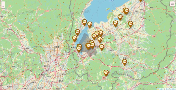 滋賀県のワッツ系列（ワッツ、ワッツウィズ、シルク、ミーツ、フレッツ、百圓領事館）の店舗地図