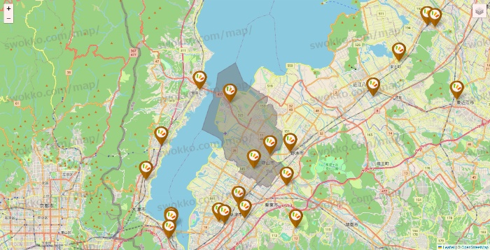 滋賀県のワッツ系列（ワッツ、ワッツウィズ、シルク、ミーツ、フレッツ、百圓領事館）の店舗地図