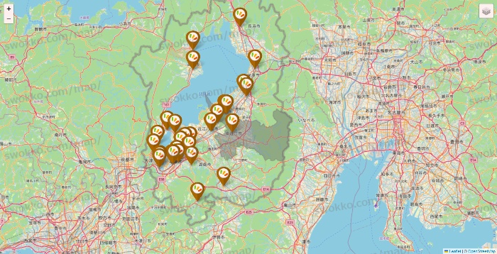 滋賀県のワッツ系列（ワッツ、ワッツウィズ、シルク、ミーツ、フレッツ、百圓領事館）の店舗地図