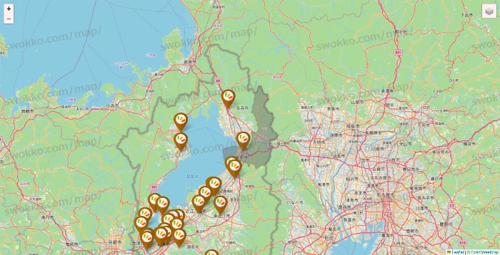 滋賀県のワッツ系列（ワッツ、ワッツウィズ、シルク、ミーツ、フレッツ、百圓領事館）の店舗地図