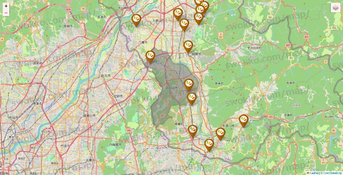 京都府のワッツ系列（ワッツ、ワッツウィズ、シルク、ミーツ、フレッツ、百圓領事館）の店舗地図