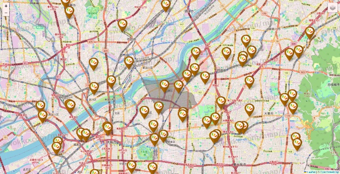 大阪府のワッツ系列（ワッツ、ワッツウィズ、シルク、ミーツ、フレッツ、百圓領事館）の店舗地図