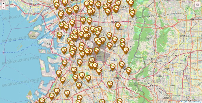 大阪府のワッツ系列（ワッツ、ワッツウィズ、シルク、ミーツ、フレッツ、百圓領事館）の店舗地図