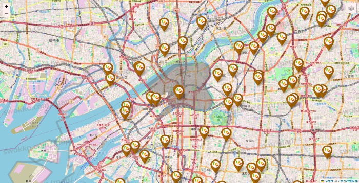 大阪府のワッツ系列（ワッツ、ワッツウィズ、シルク、ミーツ、フレッツ、百圓領事館）の店舗地図