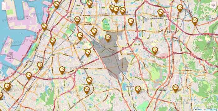 大阪府のワッツ系列（ワッツ、ワッツウィズ、シルク、ミーツ、フレッツ、百圓領事館）の店舗地図