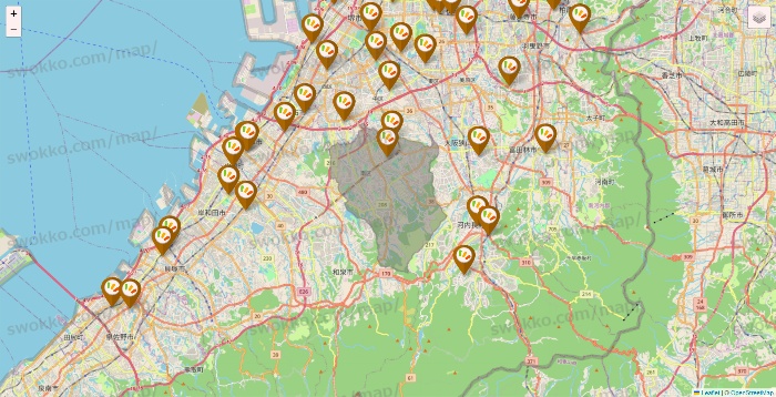 大阪府のワッツ系列（ワッツ、ワッツウィズ、シルク、ミーツ、フレッツ、百圓領事館）の店舗地図