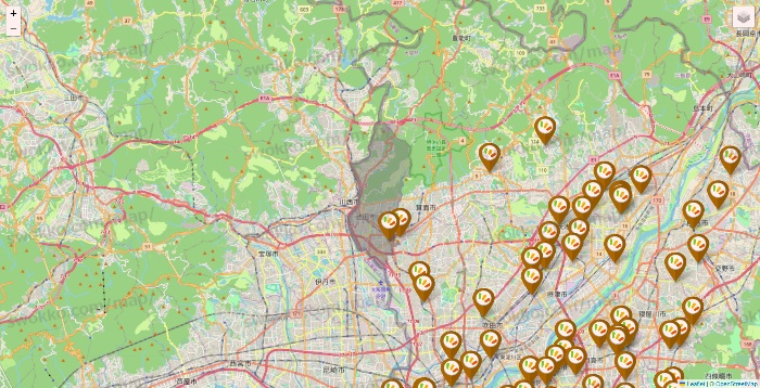 大阪府のワッツ系列（ワッツ、ワッツウィズ、シルク、ミーツ、フレッツ、百圓領事館）の店舗地図