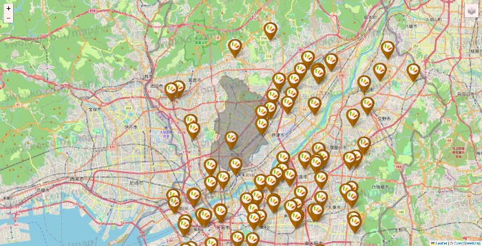 大阪府のワッツ系列（ワッツ、ワッツウィズ、シルク、ミーツ、フレッツ、百圓領事館）の店舗地図
