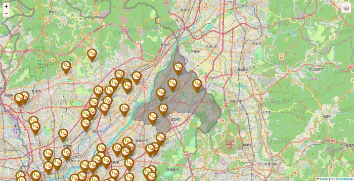 大阪府のワッツ系列（ワッツ、ワッツウィズ、シルク、ミーツ、フレッツ、百圓領事館）の店舗地図