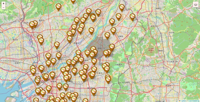 大阪府のワッツ系列（ワッツ、ワッツウィズ、シルク、ミーツ、フレッツ、百圓領事館）の店舗地図