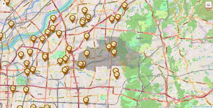 大阪府のワッツ系列（ワッツ、ワッツウィズ、シルク、ミーツ、フレッツ、百圓領事館）の店舗地図