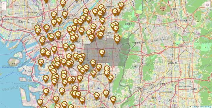 大阪府のワッツ系列（ワッツ、ワッツウィズ、シルク、ミーツ、フレッツ、百圓領事館）の店舗地図
