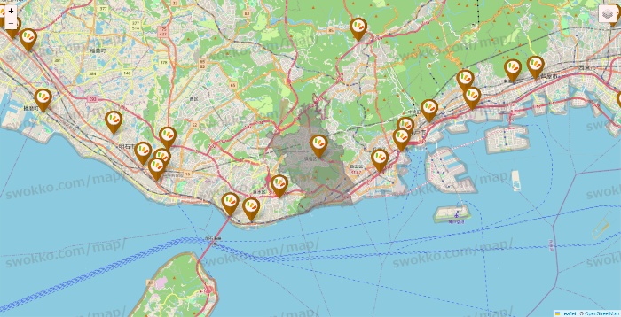 兵庫県のワッツ系列（ワッツ、ワッツウィズ、シルク、ミーツ、フレッツ、百圓領事館）の店舗地図