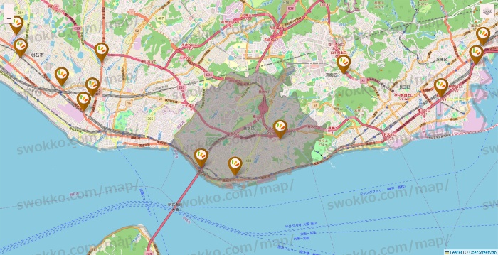 兵庫県のワッツ系列（ワッツ、ワッツウィズ、シルク、ミーツ、フレッツ、百圓領事館）の店舗地図