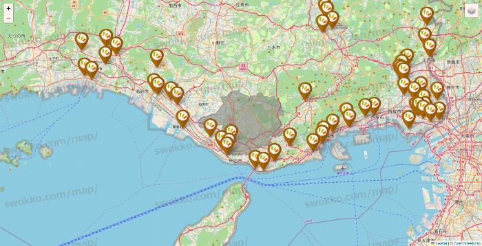 兵庫県のワッツ系列（ワッツ、ワッツウィズ、シルク、ミーツ、フレッツ、百圓領事館）の店舗地図