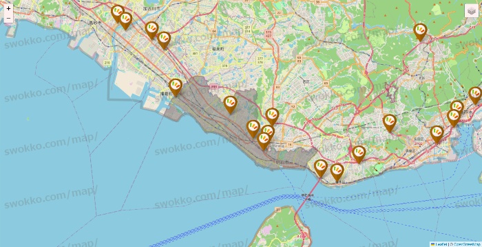 兵庫県のワッツ系列（ワッツ、ワッツウィズ、シルク、ミーツ、フレッツ、百圓領事館）の店舗地図