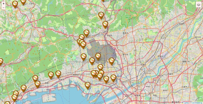 兵庫県のワッツ系列（ワッツ、ワッツウィズ、シルク、ミーツ、フレッツ、百圓領事館）の店舗地図