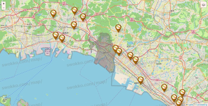 兵庫県のワッツ系列（ワッツ、ワッツウィズ、シルク、ミーツ、フレッツ、百圓領事館）の店舗地図