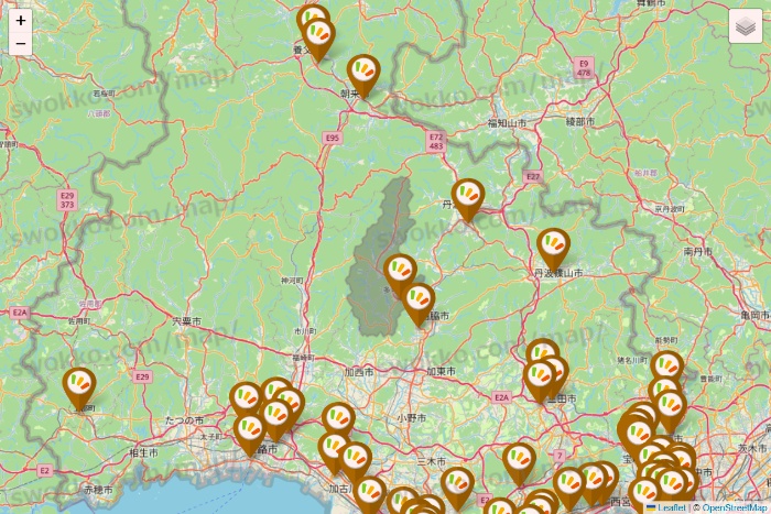 兵庫県のワッツ系列（ワッツ、ワッツウィズ、シルク、ミーツ、フレッツ、百圓領事館）の店舗地図