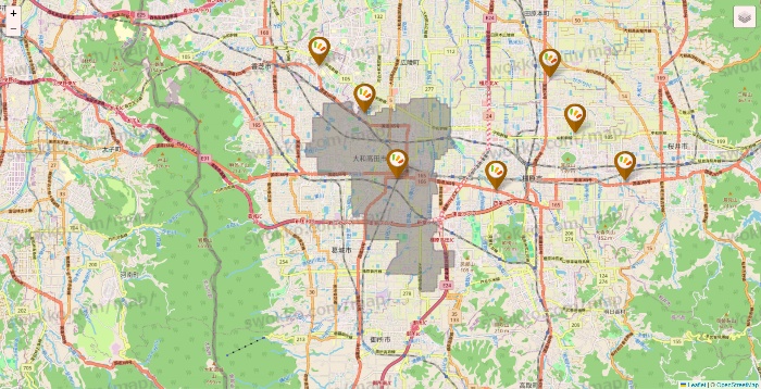 奈良県のワッツ系列（ワッツ、ワッツウィズ、シルク、ミーツ、フレッツ、百圓領事館）の店舗地図