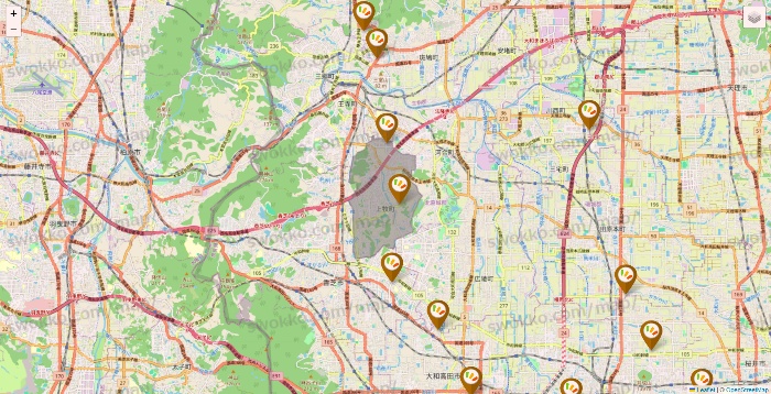 奈良県のワッツ系列（ワッツ、ワッツウィズ、シルク、ミーツ、フレッツ、百圓領事館）の店舗地図
