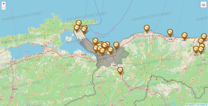 鳥取県のワッツ系列（ワッツ、ワッツウィズ、シルク、ミーツ、フレッツ、百圓領事館）の店舗地図