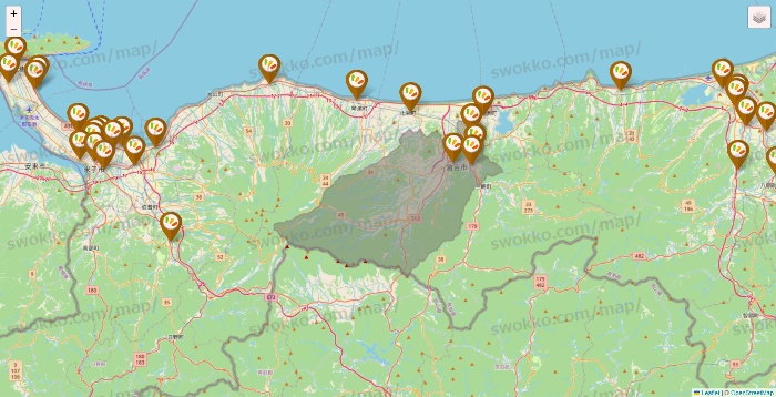 鳥取県のワッツ系列（ワッツ、ワッツウィズ、シルク、ミーツ、フレッツ、百圓領事館）の店舗地図