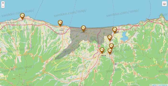 鳥取県のワッツ系列（ワッツ、ワッツウィズ、シルク、ミーツ、フレッツ、百圓領事館）の店舗地図