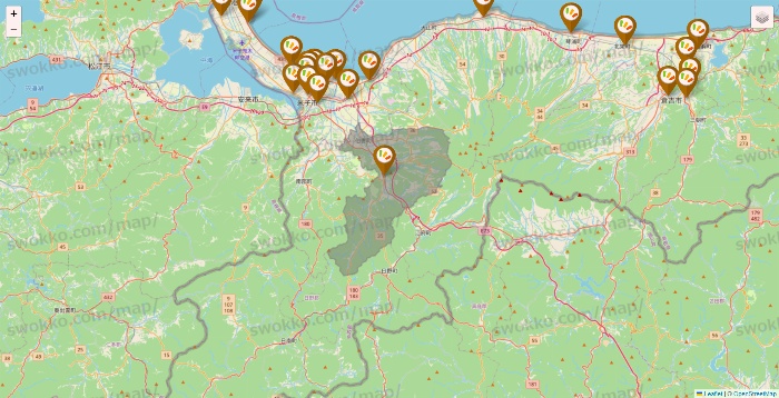 鳥取県のワッツ系列（ワッツ、ワッツウィズ、シルク、ミーツ、フレッツ、百圓領事館）の店舗地図