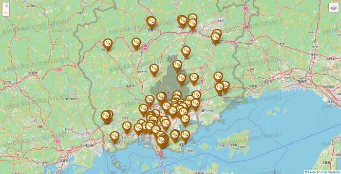 岡山県のワッツ系列（ワッツ、ワッツウィズ、シルク、ミーツ、フレッツ、百圓領事館）の店舗地図