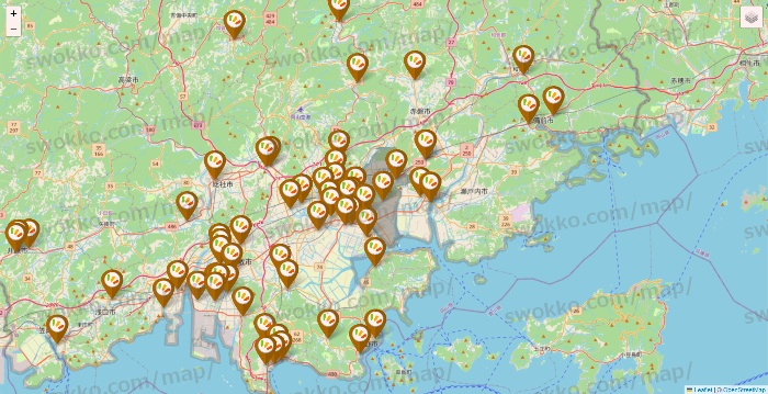 岡山県のワッツ系列（ワッツ、ワッツウィズ、シルク、ミーツ、フレッツ、百圓領事館）の店舗地図