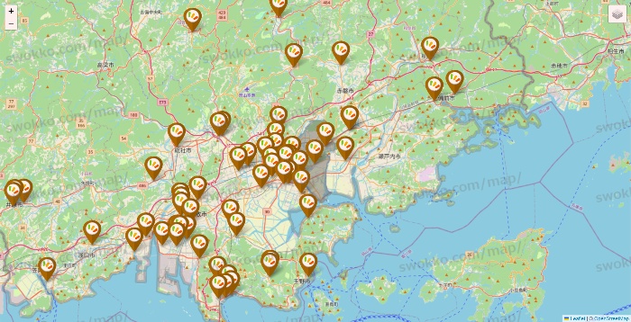 岡山県のワッツ系列（ワッツ、ワッツウィズ、シルク、ミーツ、フレッツ、百圓領事館）の店舗地図