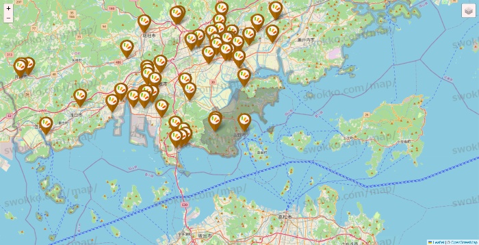 岡山県のワッツ系列（ワッツ、ワッツウィズ、シルク、ミーツ、フレッツ、百圓領事館）の店舗地図