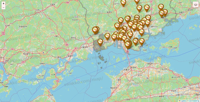 岡山県のワッツ系列（ワッツ、ワッツウィズ、シルク、ミーツ、フレッツ、百圓領事館）の店舗地図