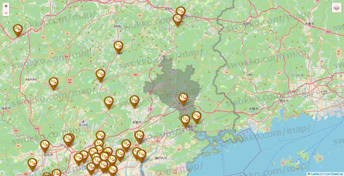 岡山県のワッツ系列（ワッツ、ワッツウィズ、シルク、ミーツ、フレッツ、百圓領事館）の店舗地図